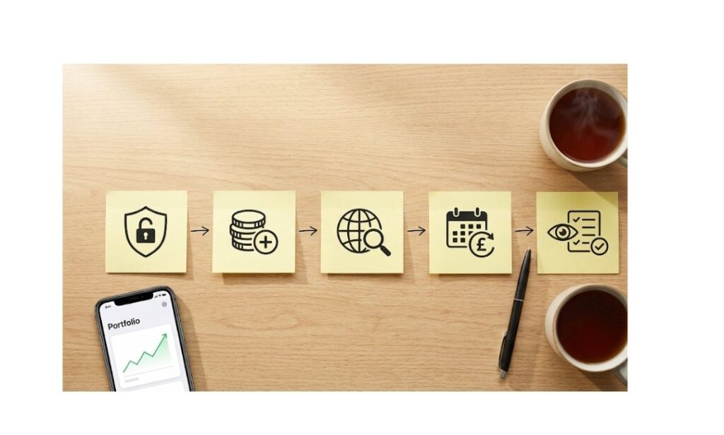 Step-by-step visual of opening an ISA, funding it, choosing a fund and investing regularly