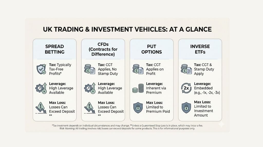 Comparison graphic of four UK shorting methods: spread betting, CFDs, put options and inverse ETFs, including tax and risk differences.