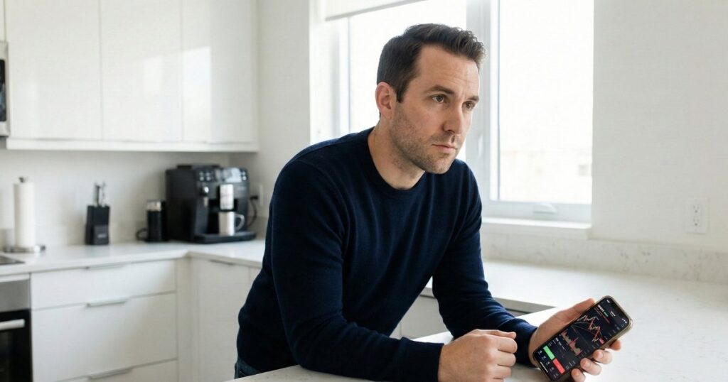 Active trader using advanced UK trading app with stock charts on smartphone at home