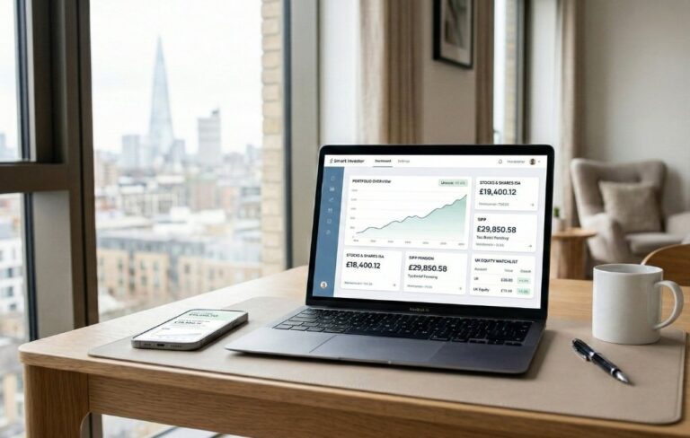 AJ Bell review hero image showing a modern investment dashboard on a laptop and phone