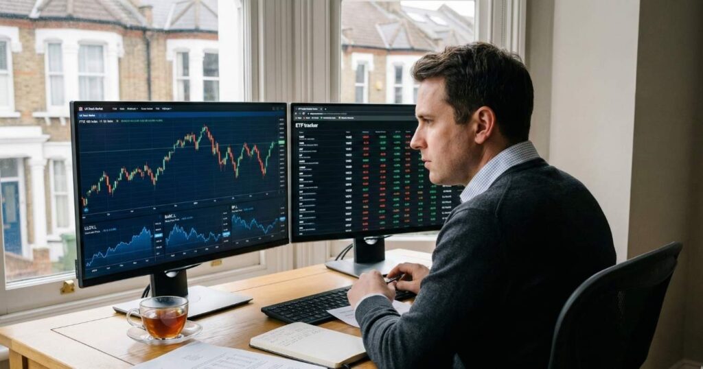 Investor analysing UK shares and ETFs in a SIPP account