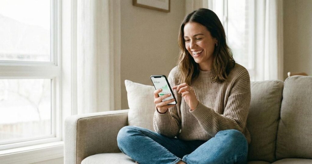 Young woman using beginner-friendly UK trading app on smartphone at home
