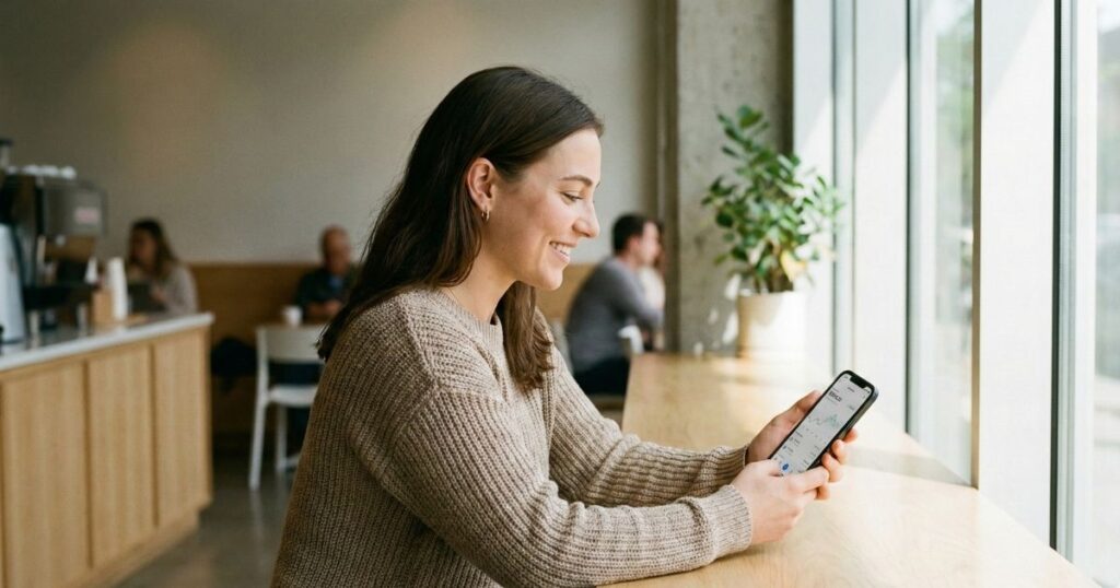 Young woman using best UK trading platform app on smartphone at bright café