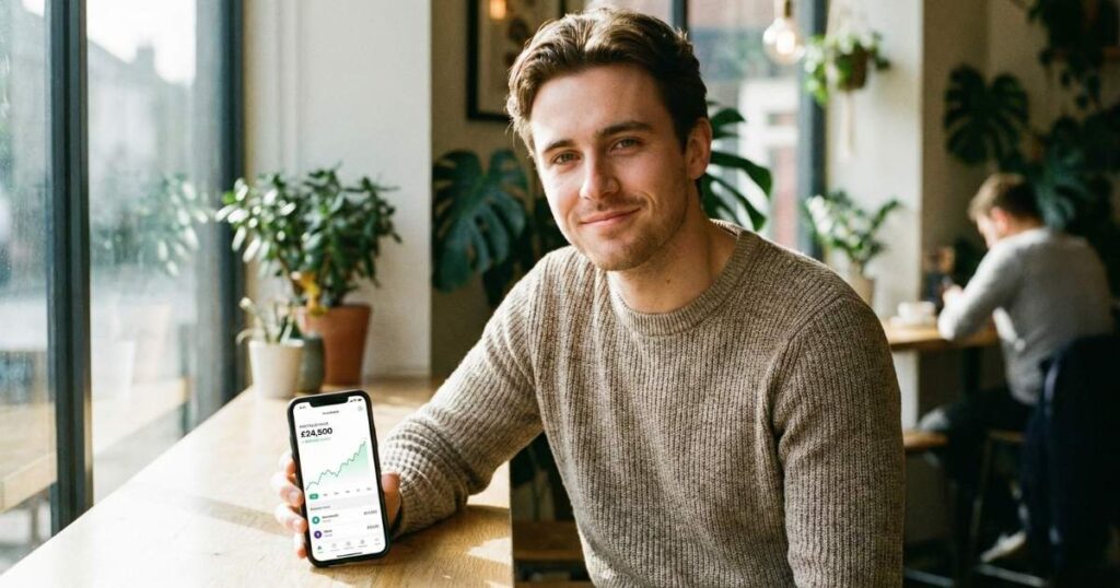 Young man using stocks and shares ISA investment app on smartphone at café