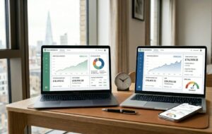 Featured image showing robo advisor investment dashboards on a laptop and smartphone.
