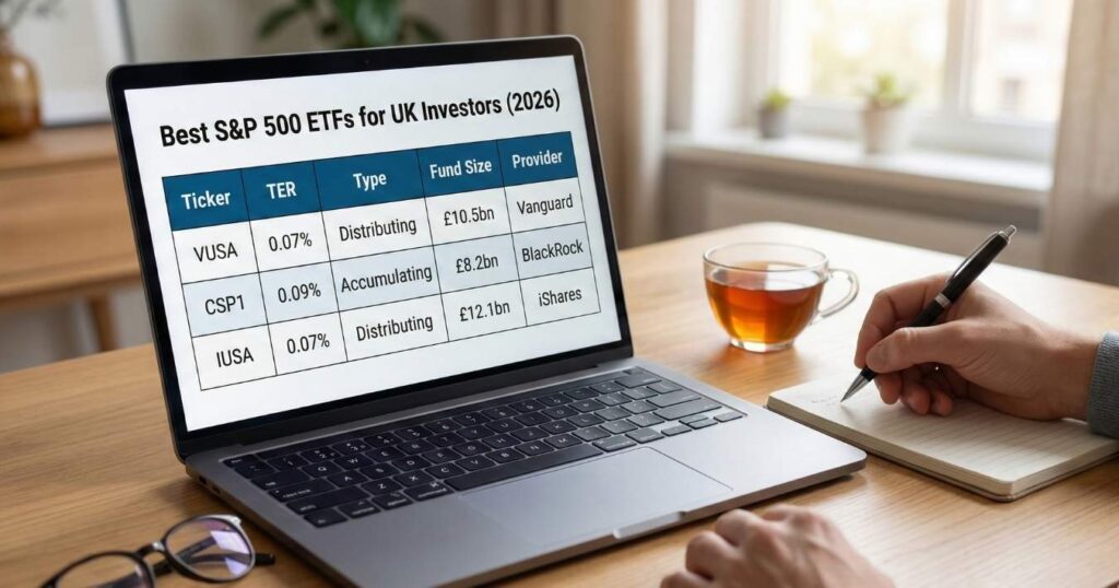 Infographic showing the six steps for UK investors to buy an S&P 500 ETF using an ISA.
