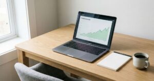 Laptop displaying stocks and shares ISA investment portfolio growth chart on clean desk