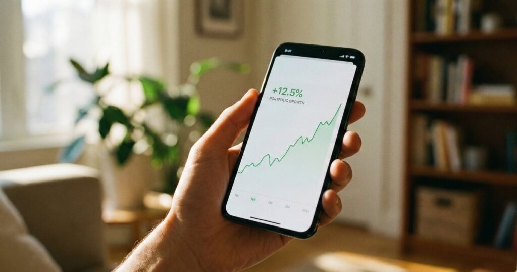 Hand holding smartphone showing tax-free ISA portfolio growth on best UK trading app