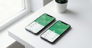 Two smartphones displaying best UK trading app investment portfolios on clean white desk