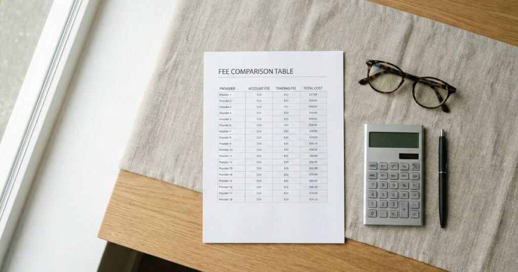 Printed UK trading platform fee comparison table with calculator and pen on wooden desk