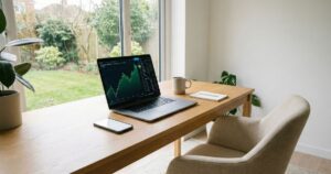 Laptop and smartphone displaying UK trading platform stock market charts on modern desk
