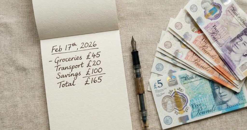 Handwritten list of best UK dividend stocks with British pound notes on desk