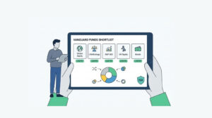 Illustration of a UK investor comparing Vanguard funds across global equity, LifeStrategy, US, UK and bond categories