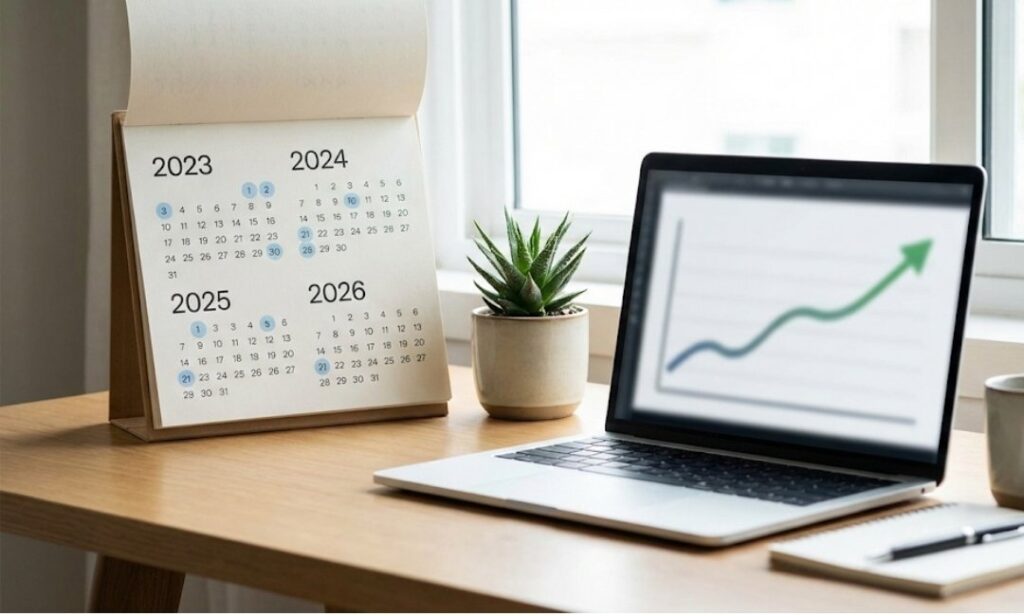 Long-term calendar and steady upward chart illustrating the buy and hold investing strategy