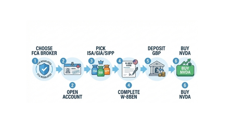 Infographic showing the steps to buy Nvidia shares in the UK, from choosing a broker to placing an NVDA order.