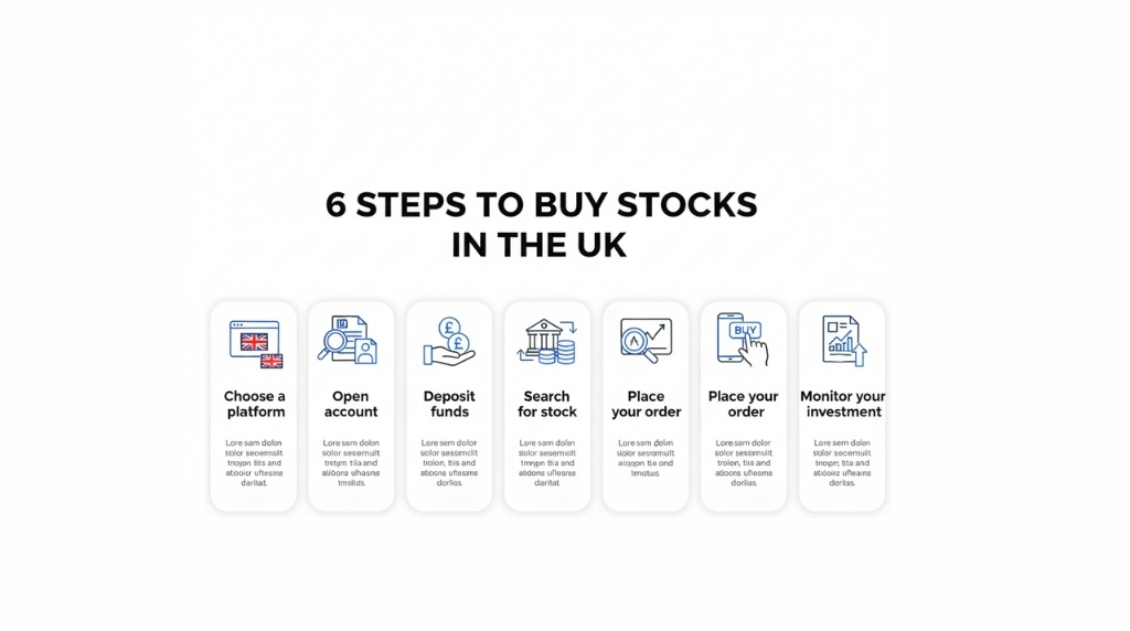 Infographic showing the steps to buy stocks in the UK, from choosing a platform to monitoring your investment.