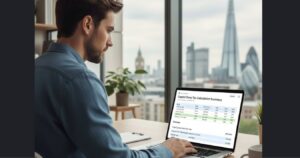 A UK investor calculating capital gains tax on shares using a laptop with a gains and allowance worksheet.
