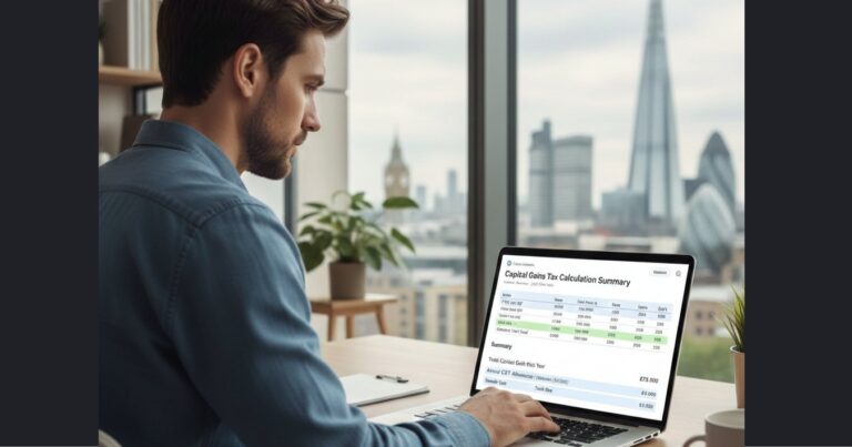 A UK investor calculating capital gains tax on shares using a laptop with a gains and allowance worksheet.