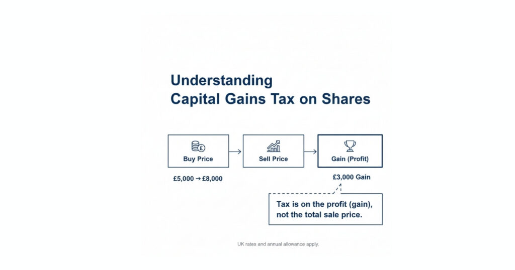 Infographic showing that capital gains tax is charged on the profit made when selling shares, not the full sale value.