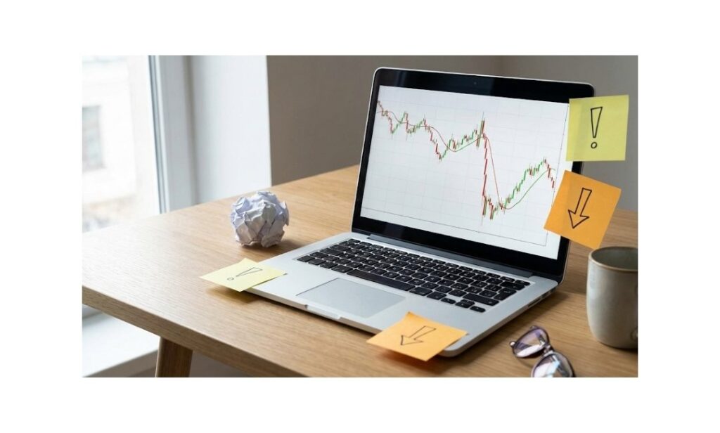 Volatile market chart and warning notes representing common beginner investing mistakes