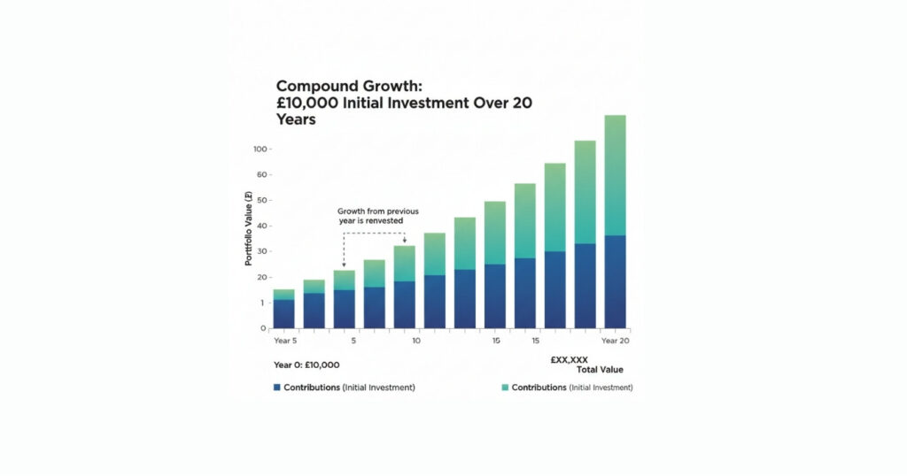 Infographic showing how compound growth accelerates over time with increasing yearly bars.