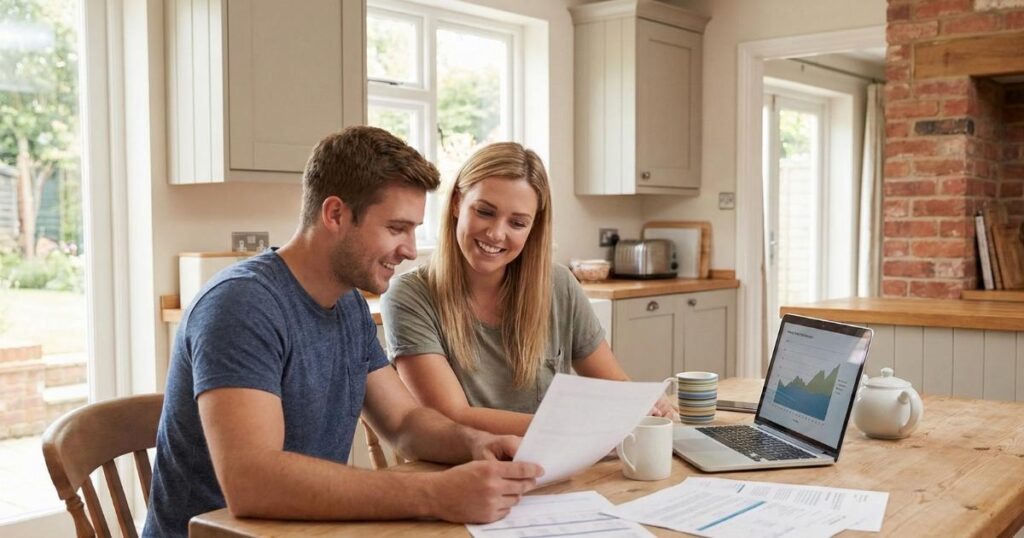 Young couple reviewing ISA savings and investment paperwork together at home
