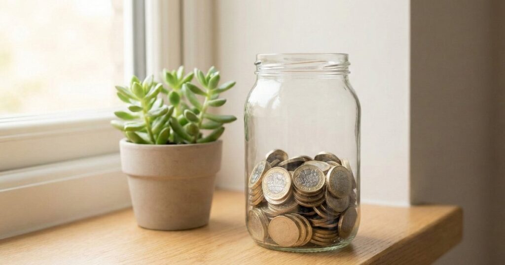 Glass jar with British pound coins and growing plant representing long-term dividend investing growth