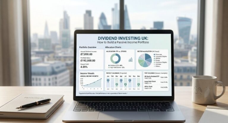 Featured image showing a dividend income investment portfolio and passive income dashboard.