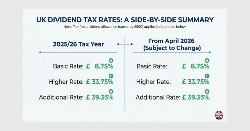 Infographic showing UK dividend tax rates for 2025/26 and the higher rates from April 2026.