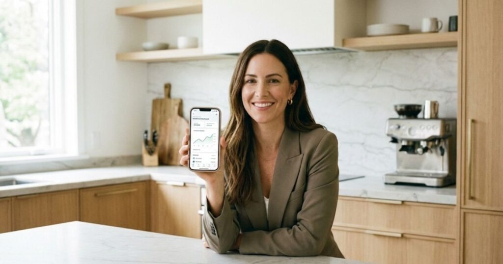 Woman using eToro mobile app for investing on smartphone at home kitchen UK