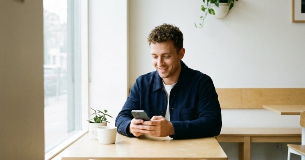 Young man using eToro CopyTrader social investing feature on smartphone at café UK