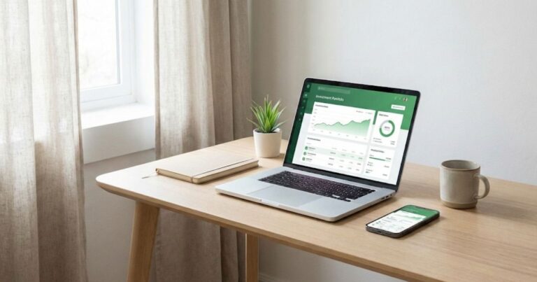 Laptop and smartphone displaying eToro investment portfolio on clean modern desk UK