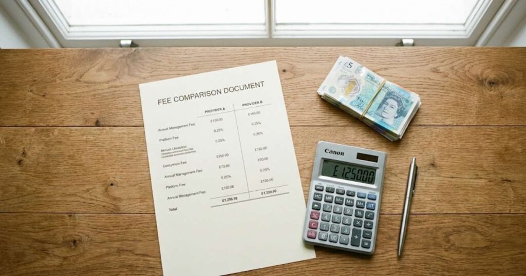 eToro UK fee comparison document with calculator and British pounds on wooden desk