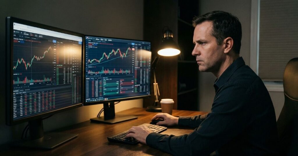 Experienced investor using advanced trading platform tools and stock charts on dual monitors UK