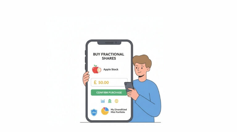 Illustration of a UK investor buying fractional shares through an investing app using a small amount of money