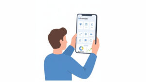 Illustration of a UK investor reviewing the Freetrade app for ISA, SIPP, and commission-free investing.