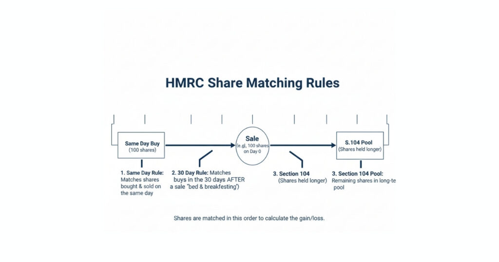 Diagram explaining HMRC share matching rules, including the same-day rule, 30-day rule, and Section 104 pool.
