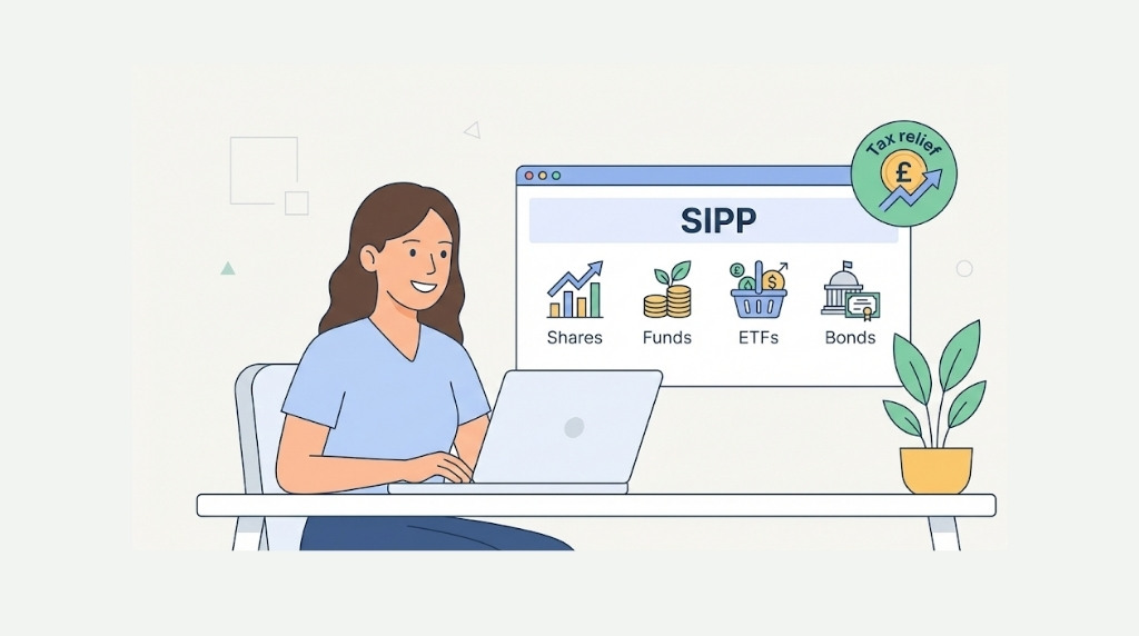 Infographic showing how a SIPP works: contribute with tax relief, invest tax-free, then withdraw with 25% tax-free and the rest taxed.