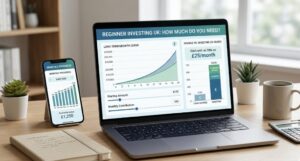 Featured image showing beginner investing with small monthly amounts and growth charts.