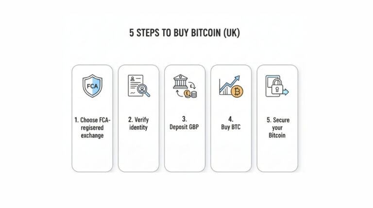 Illustration of a UK investor comparing buying Bitcoin directly on an exchange with buying a Bitcoin ETP through a broker