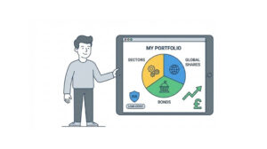 Illustration of a beginner investor buying diversified ETFs through a UK investment platform.
