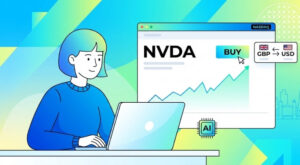 Illustration of a UK investor buying Nvidia (NVDA) shares via an online broker with GBP to USD conversion.