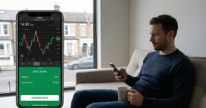 A UK investor using a mobile app to buy shares on a trading platform, showing a share price chart and buy order screen