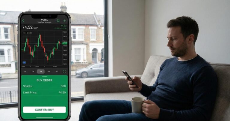 A UK investor using a mobile app to buy shares on a trading platform, showing a share price chart and buy order screen