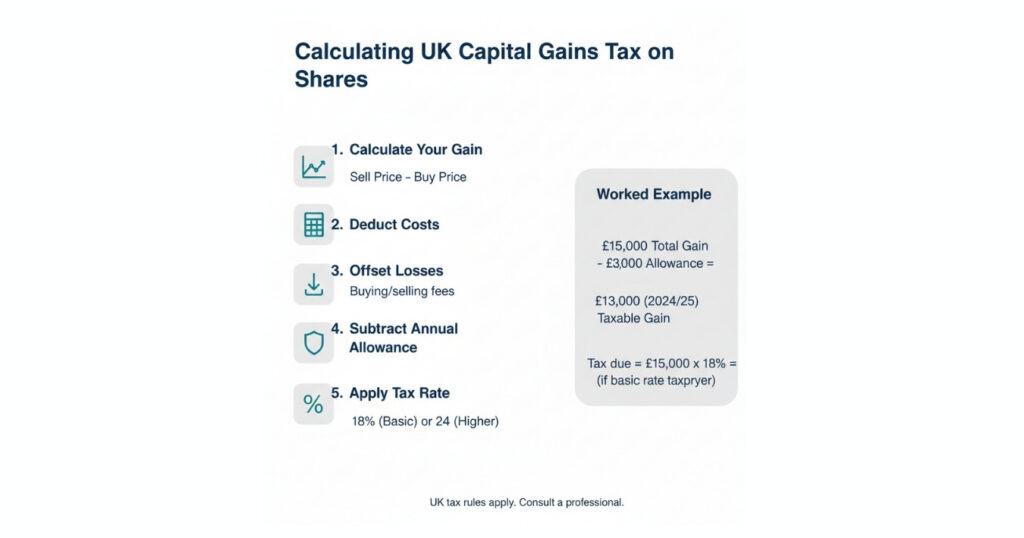 Step-by-step graphic showing how to calculate capital gains tax on shares, including costs, losses, and the £3,000 allowance.