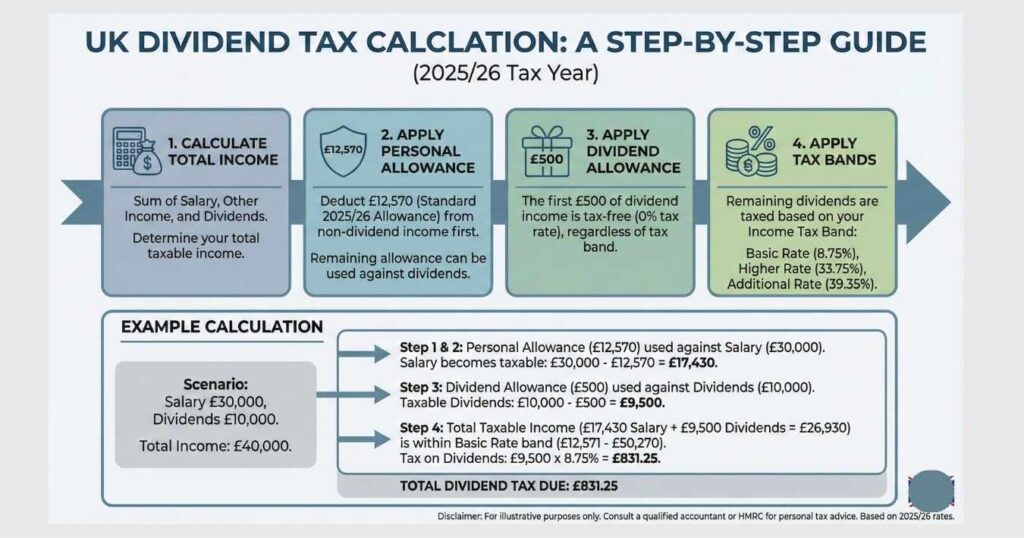 Step-by-step graphic explaining how to calculate dividend tax in the UK using allowances and tax bands.
