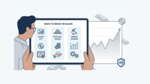 Illustration of a UK investor comparing silver ETFs, physical silver, and silver mining shares