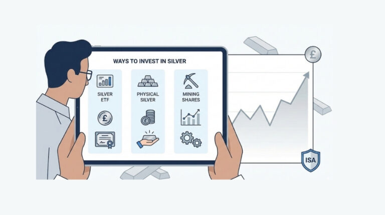 Illustration of a UK investor comparing silver ETFs, physical silver, and silver mining shares