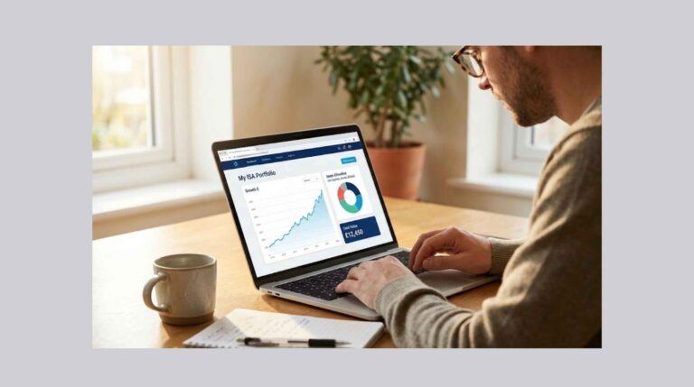 Person reviewing investment options on a laptop with UK financial charts on screen