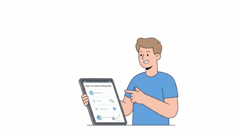 Illustration of a UK investor opening a Stocks and Shares ISA and making a first investment.